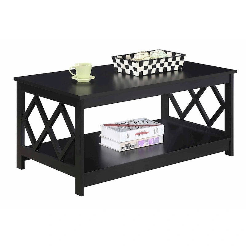 Table basse à deux niveaux avec découpes en losange, coloris noir/blanc/gris et étagère inférieure