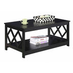Table basse à deux niveaux avec découpes en losange, coloris noir/blanc/gris et étagère inférieure
