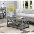 Table basse à deux niveaux avec découpes en losange, coloris noir/blanc/gris et étagère inférieure