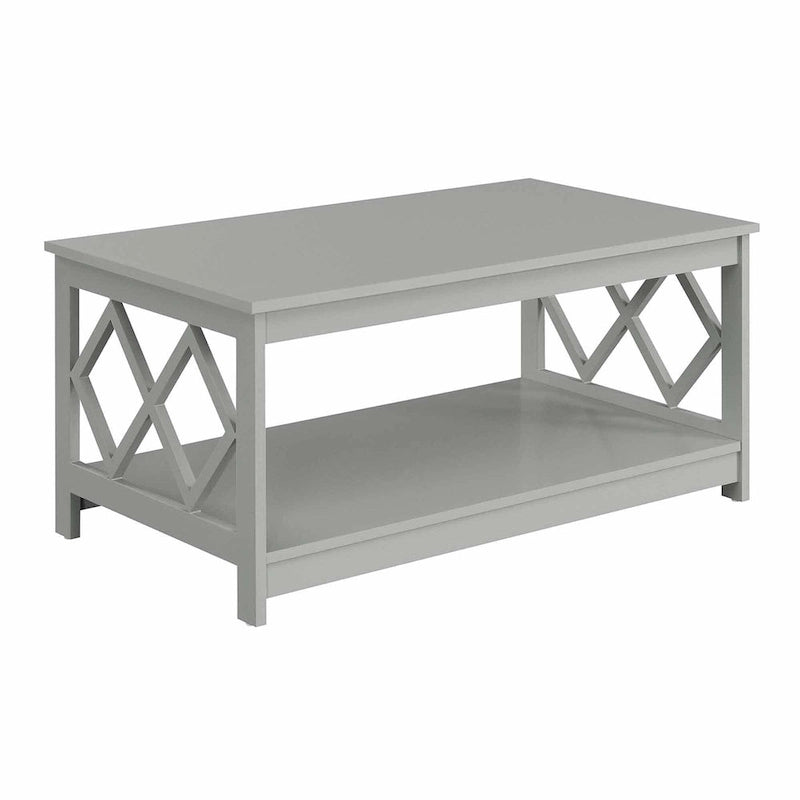 Table basse à deux niveaux avec découpes en losange, coloris noir/blanc/gris et étagère inférieure
