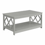Table basse à deux niveaux avec découpes en losange, coloris noir/blanc/gris et étagère inférieure