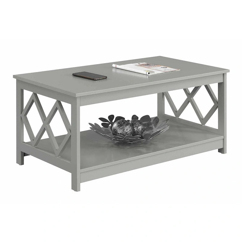 Table basse à deux niveaux avec découpes en losange, coloris noir/blanc/gris et étagère inférieure