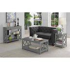 Table basse à deux niveaux avec découpes en losange, coloris noir/blanc/gris et étagère inférieure