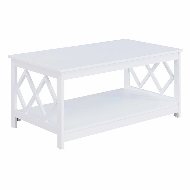 Table basse à deux niveaux avec découpes en losange, coloris noir/blanc/gris et étagère inférieure
