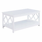Table basse à deux niveaux avec découpes en losange, coloris noir/blanc/gris et étagère inférieure