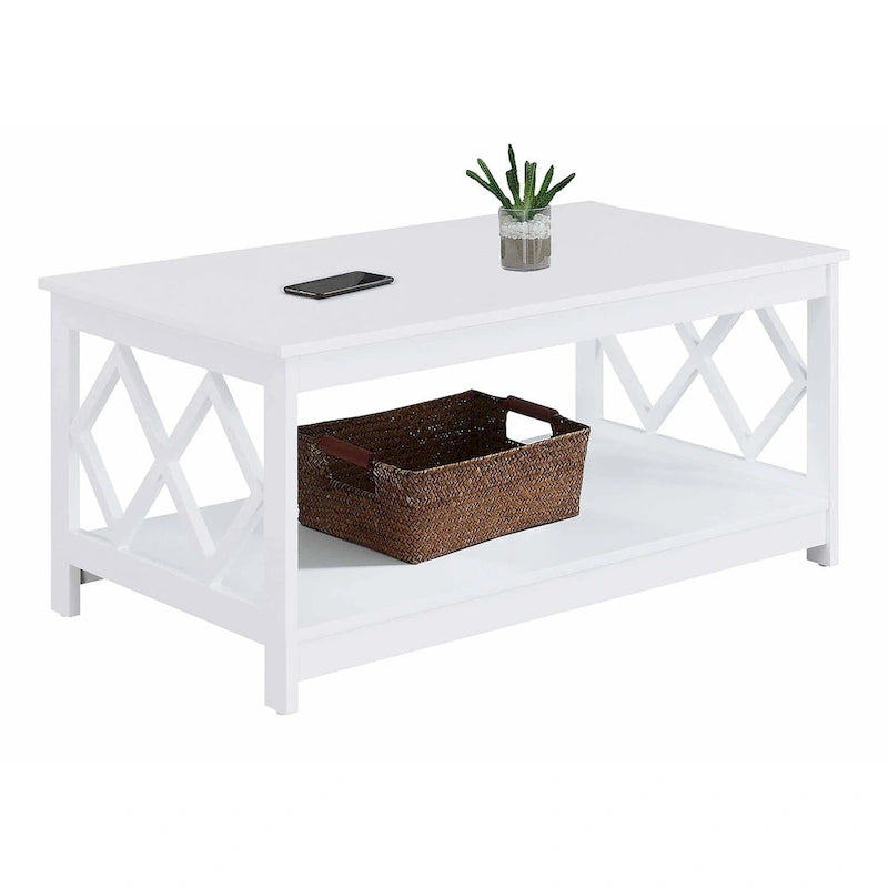 Table basse à deux niveaux avec découpes en losange, coloris noir/blanc/gris et étagère inférieure