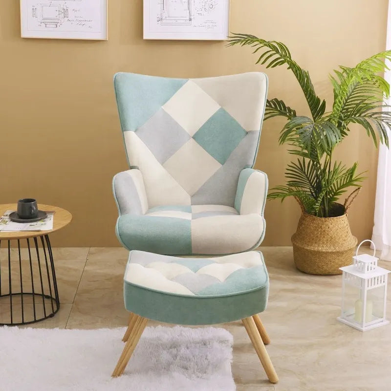 Fauteuil d'appoint avec pouf, ensemble fauteuil et pouf de salon, fauteuil d'appoint confortable pour chambre à coucher, surface en tissu à épissures créatives