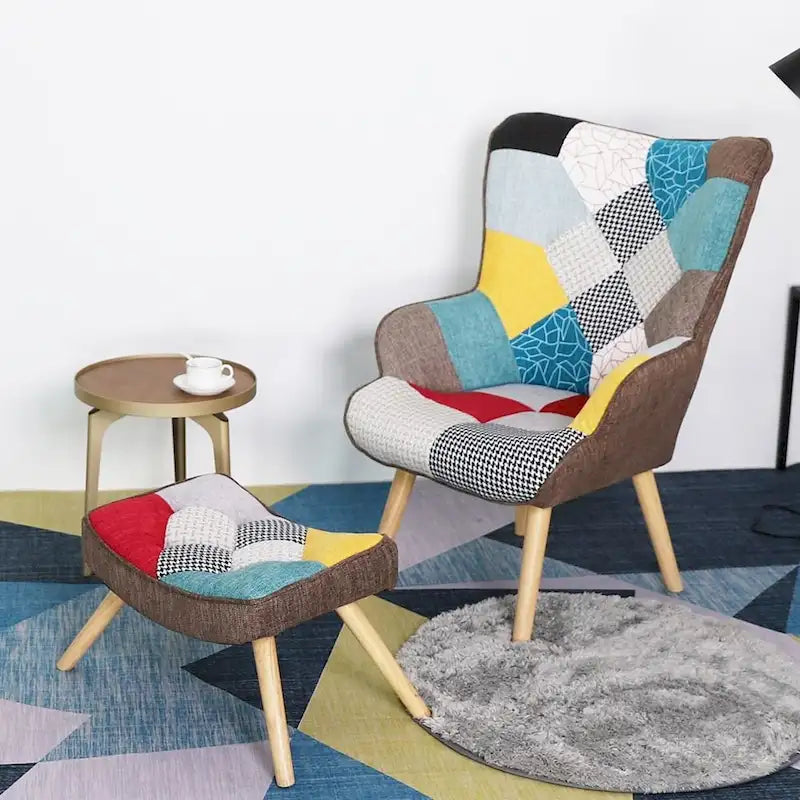 Fauteuil d'appoint avec pouf, ensemble fauteuil et pouf de salon, fauteuil d'appoint confortable pour chambre à coucher, surface en tissu à épissures créatives