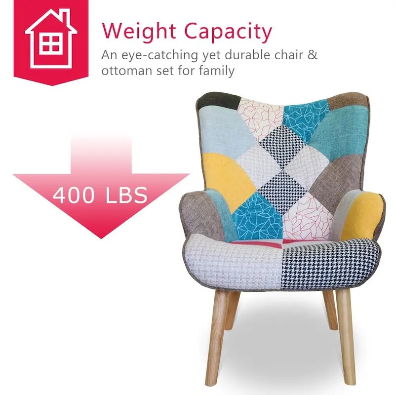 Fauteuil d'appoint avec pouf, ensemble fauteuil et pouf de salon, fauteuil d'appoint confortable pour chambre à coucher, surface en tissu à épissures créatives