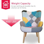 Fauteuil d'appoint avec pouf, ensemble fauteuil et pouf de salon, fauteuil d'appoint confortable pour chambre à coucher, surface en tissu à épissures créatives