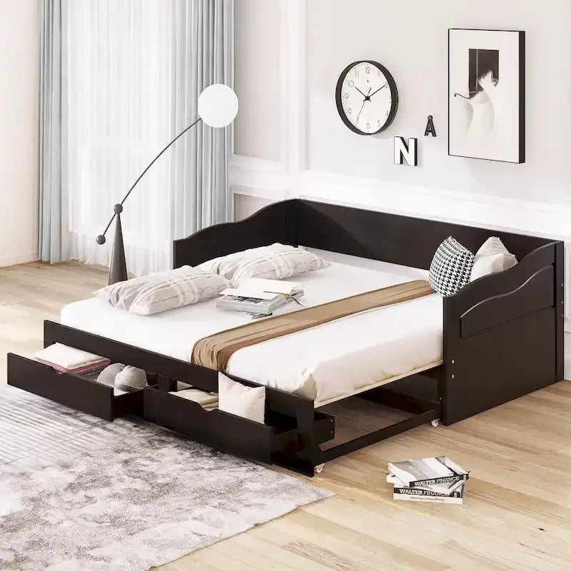 Lit de repos double gris/blanc/expresso avec lit gigogne, 2 couchages