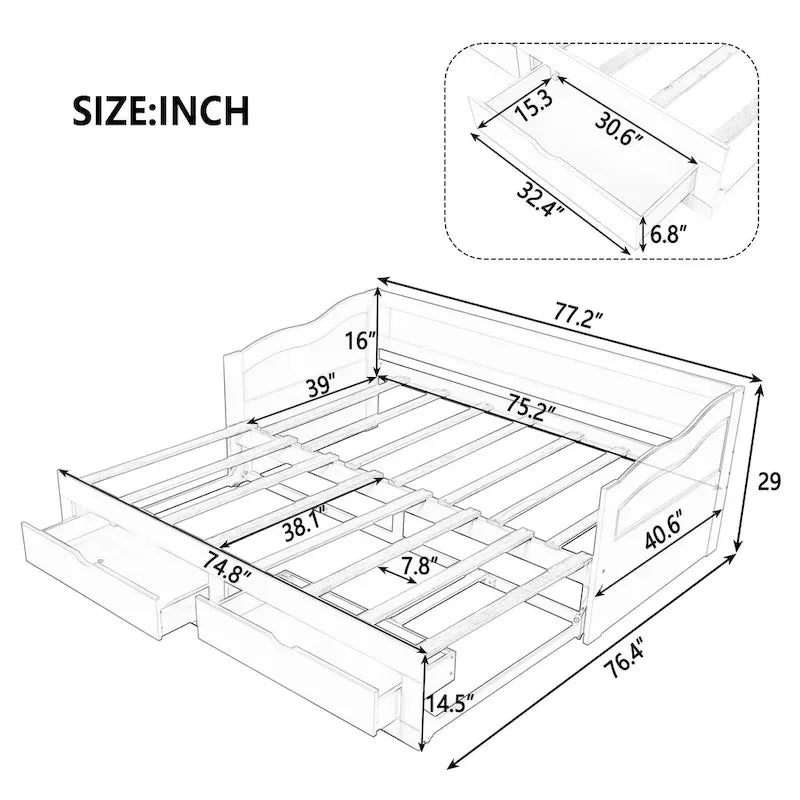 Lit de repos double gris/blanc/expresso avec lit gigogne, 2 couchages