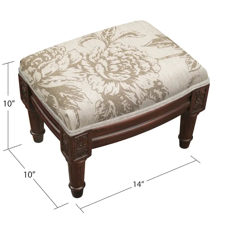 Repose-pieds en lin imprimé floral taupe, finition bois, 1 place