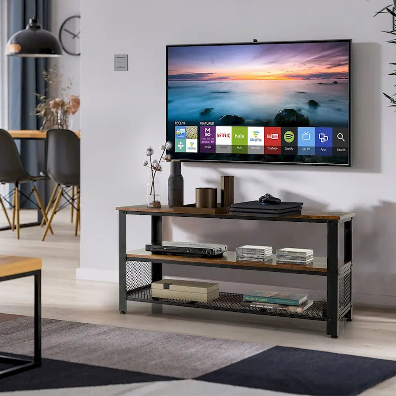 Meuble TV 3 niveaux marron rustique et noir, pour téléviseurs jusqu'à 50 pouces