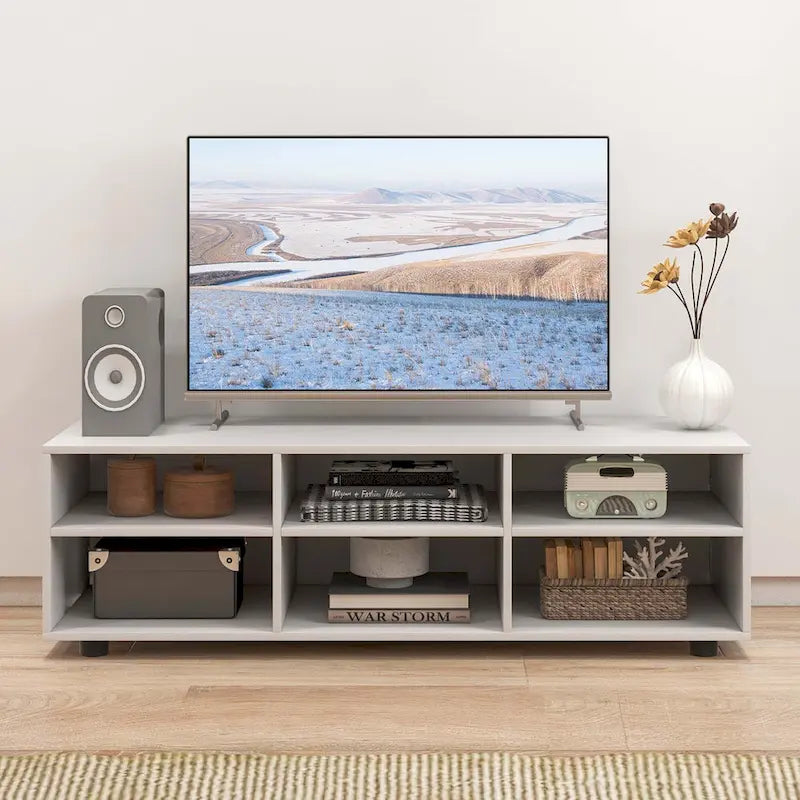 Meuble TV blanc à 6 casiers ouverts avec étagères réglables, convient aux téléviseurs jusqu'à 55 po