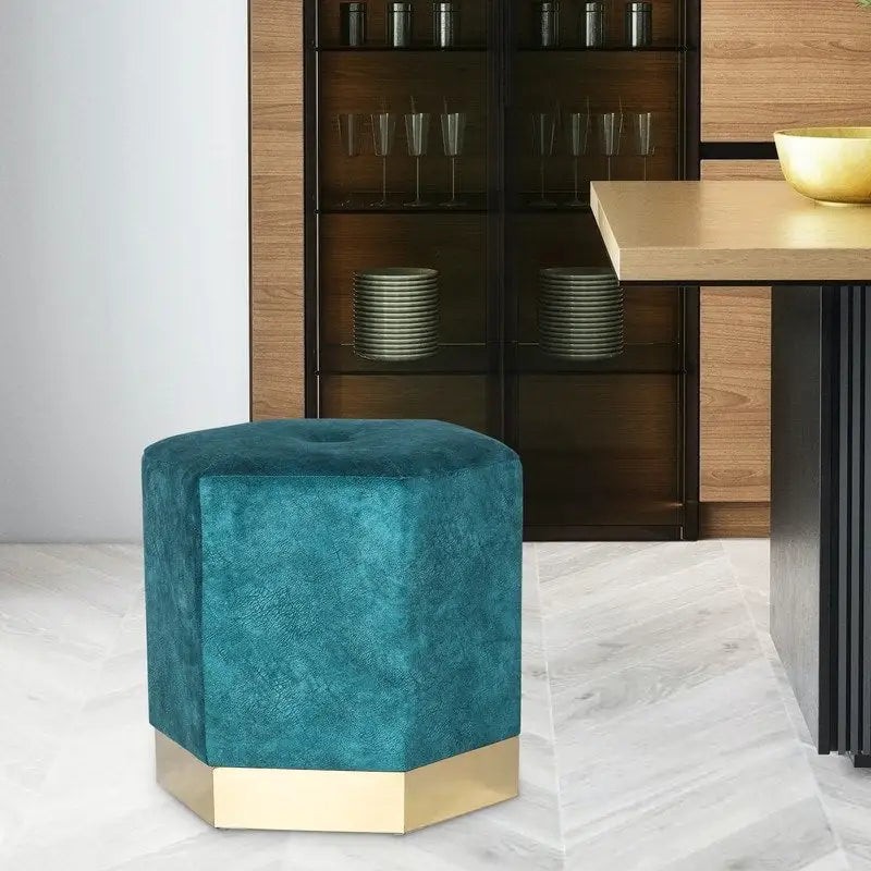 Tabouret ottoman hexagonal bleu, suède, siège unique