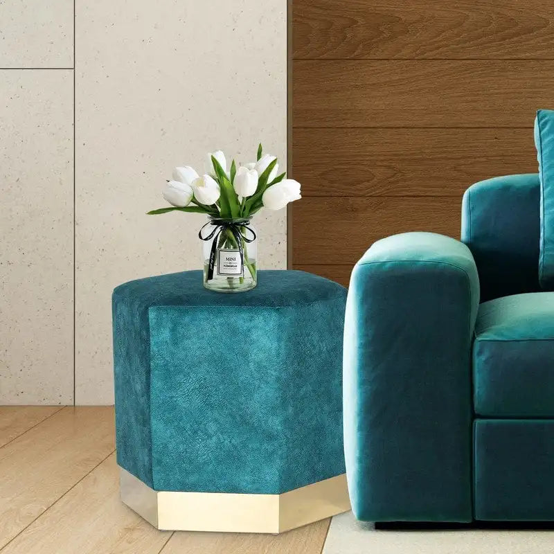 Tabouret ottoman hexagonal bleu, suède, siège unique