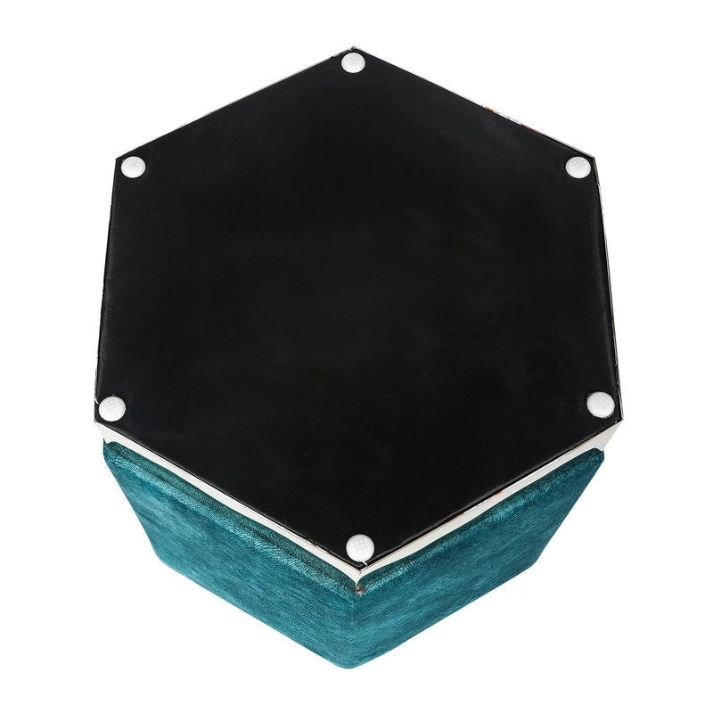 Tabouret ottoman hexagonal bleu, suède, siège unique
