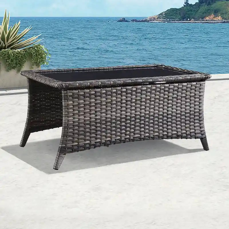 Table basse d'extérieur en rotin gris avec plateau en verre trempé