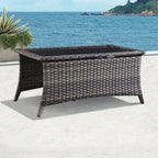 Table basse d'extérieur en rotin gris avec plateau en verre trempé