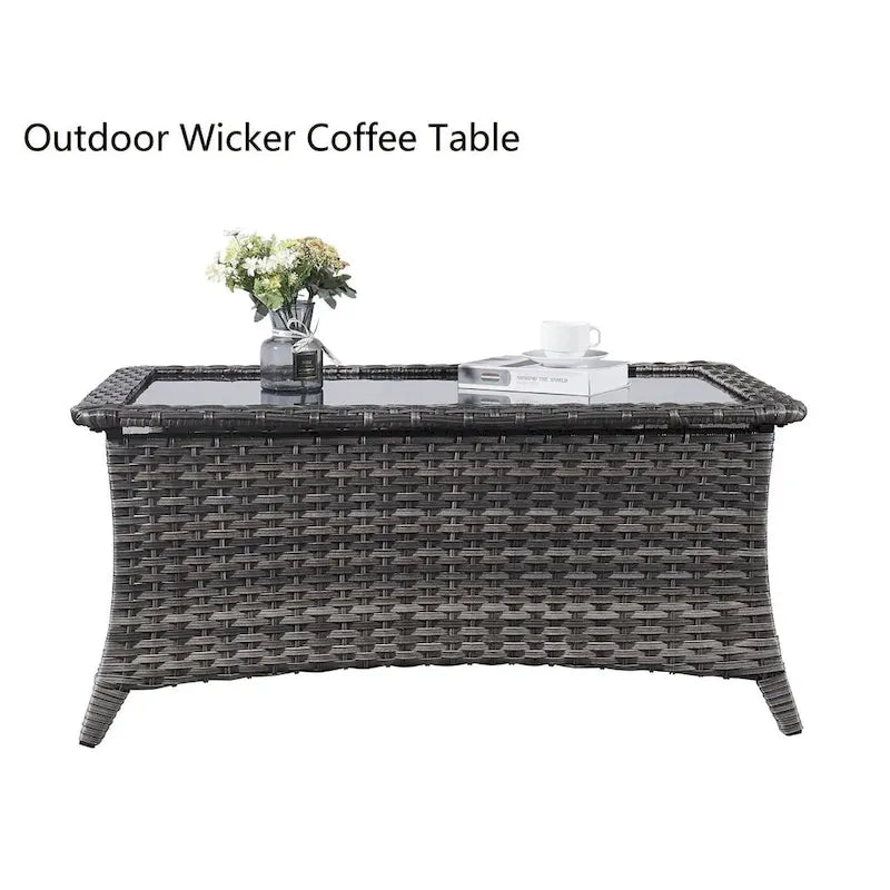 Table basse d'extérieur en rotin gris avec plateau en verre trempé