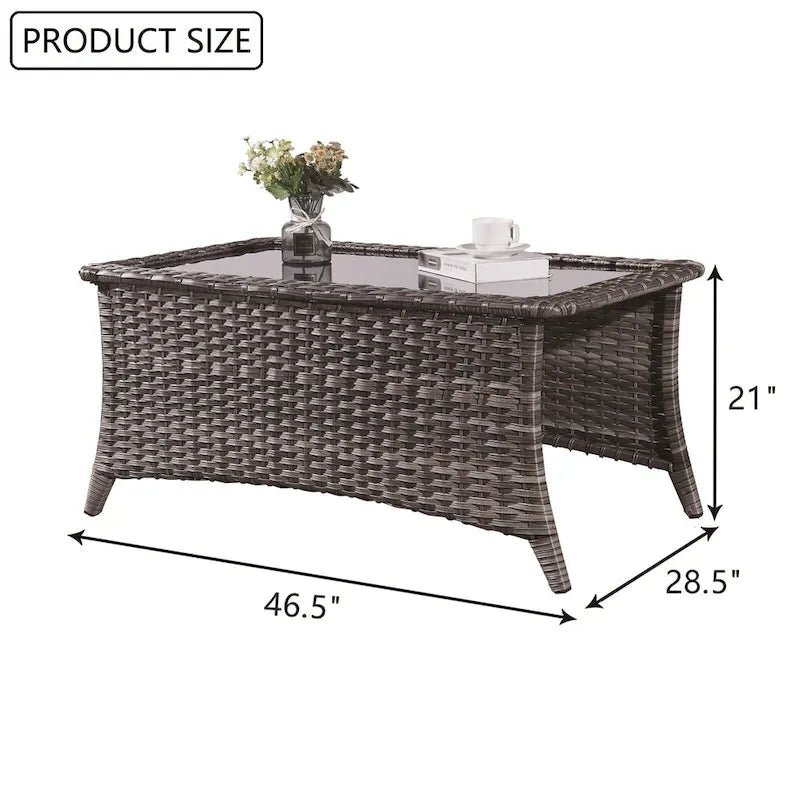 Table basse d'extérieur en rotin gris avec plateau en verre trempé