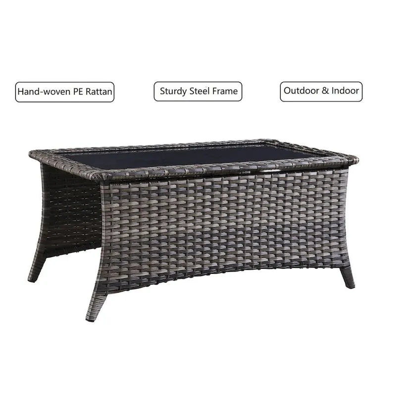 Table basse d'extérieur en rotin gris avec plateau en verre trempé
