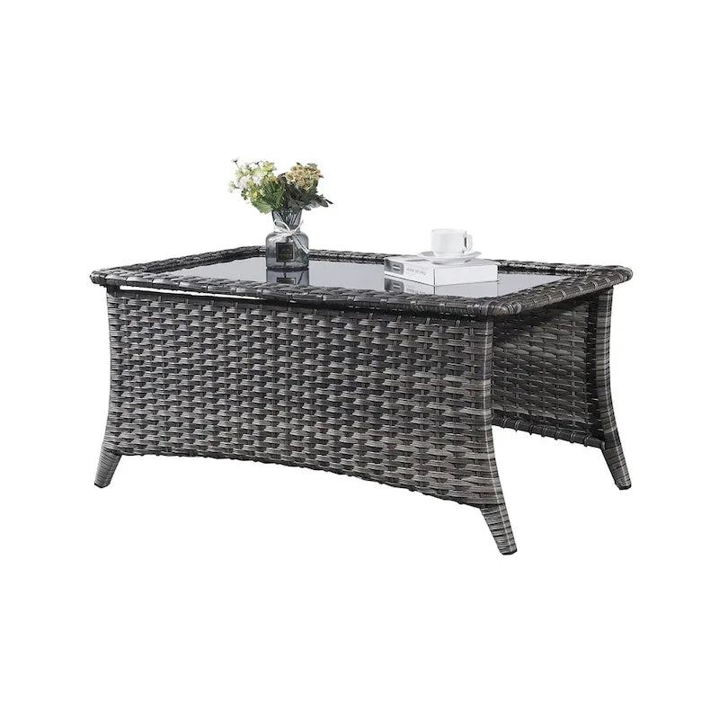 Table basse d'extérieur en rotin gris avec plateau en verre trempé
