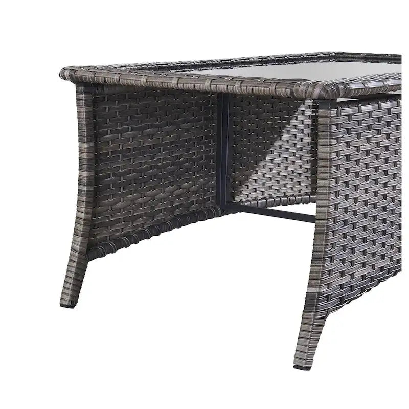 Table basse d'extérieur en rotin gris avec plateau en verre trempé