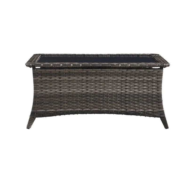 Table basse d'extérieur en rotin gris avec plateau en verre trempé