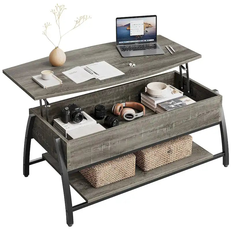 Table basse relevable ovale en chêne gris rétro / marron rustique