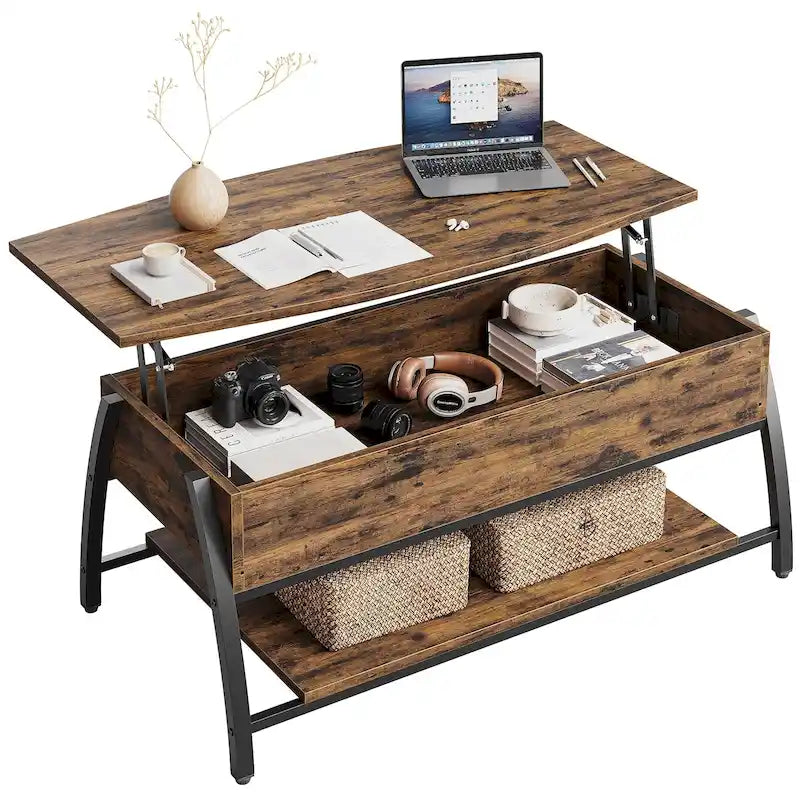 Table basse relevable ovale en chêne gris rétro / marron rustique