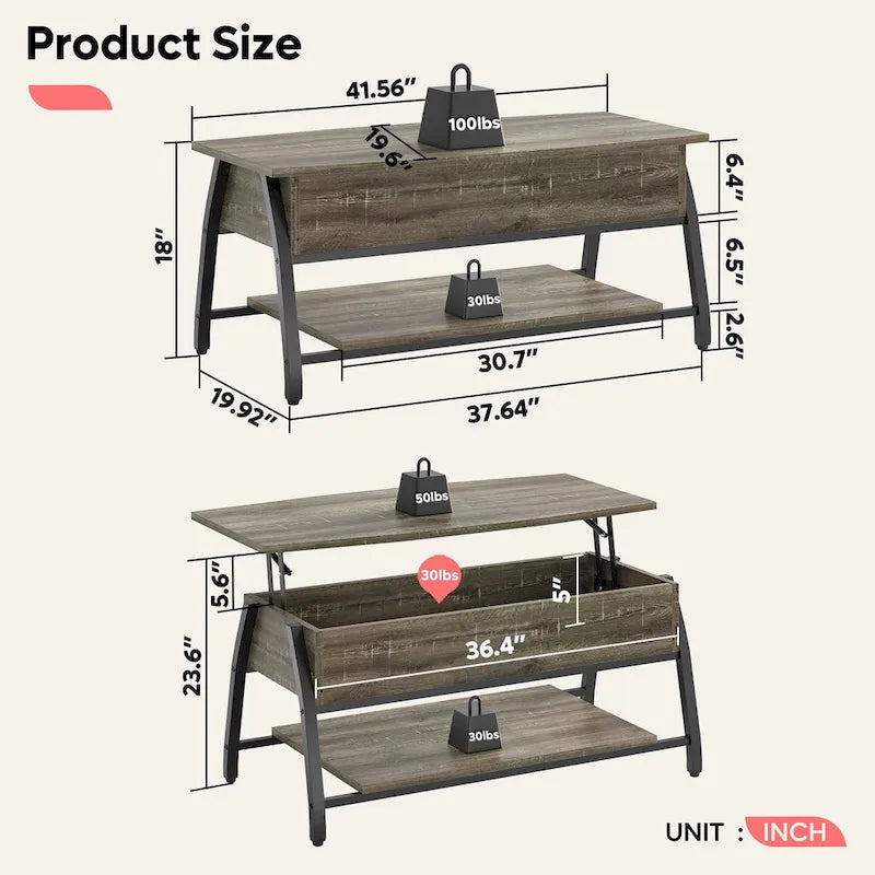 Table basse relevable ovale en chêne gris rétro / marron rustique