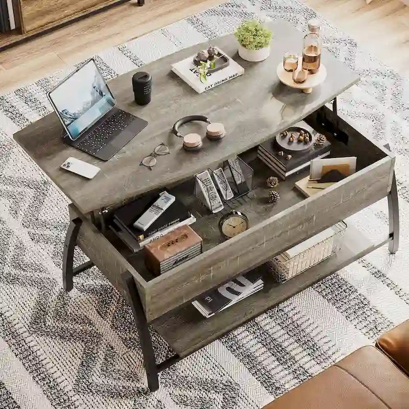 Table basse relevable ovale en chêne gris rétro / marron rustique