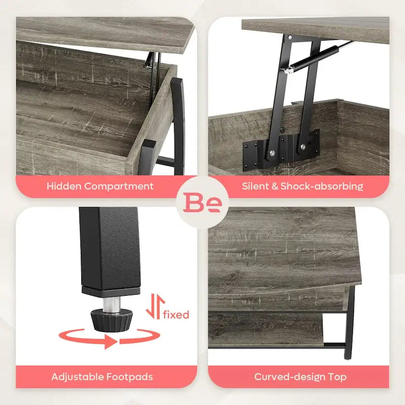 Table basse relevable ovale en chêne gris rétro / marron rustique