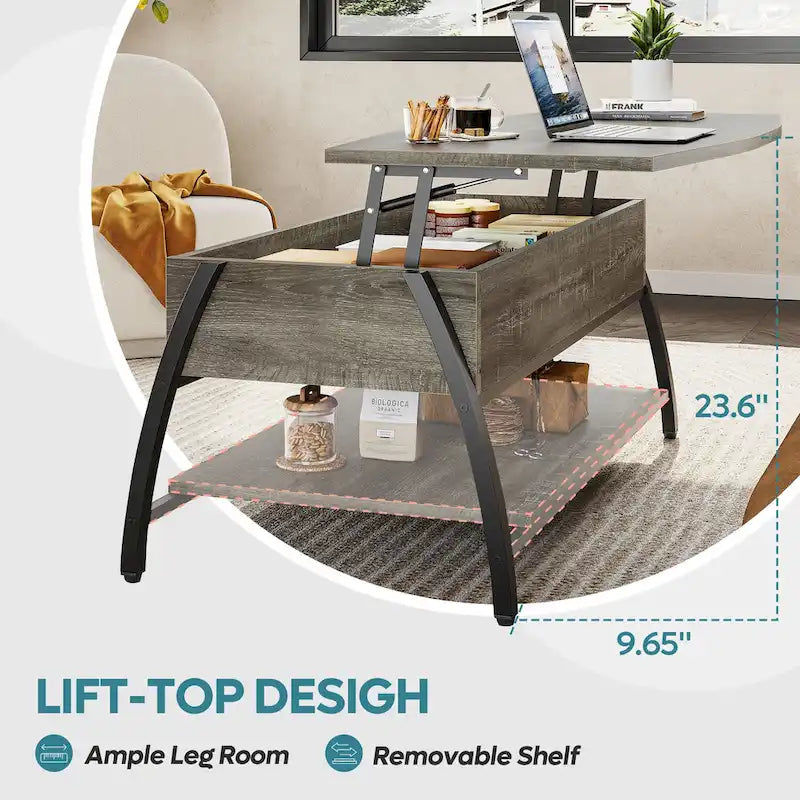 Table basse relevable ovale en chêne gris rétro / marron rustique