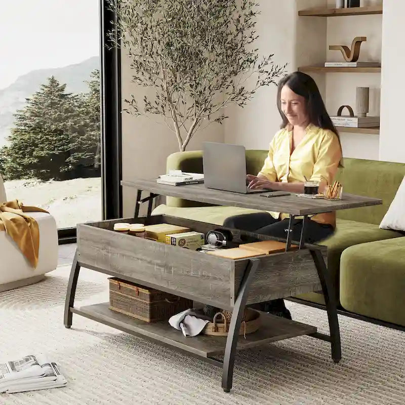 Table basse relevable ovale en chêne gris rétro / marron rustique