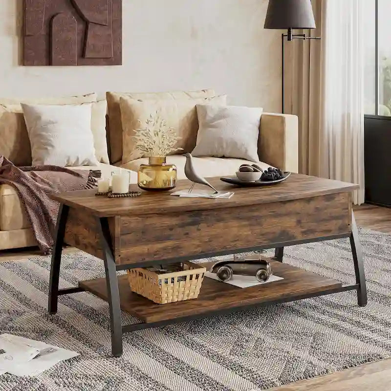 Table basse relevable ovale en chêne gris rétro / marron rustique