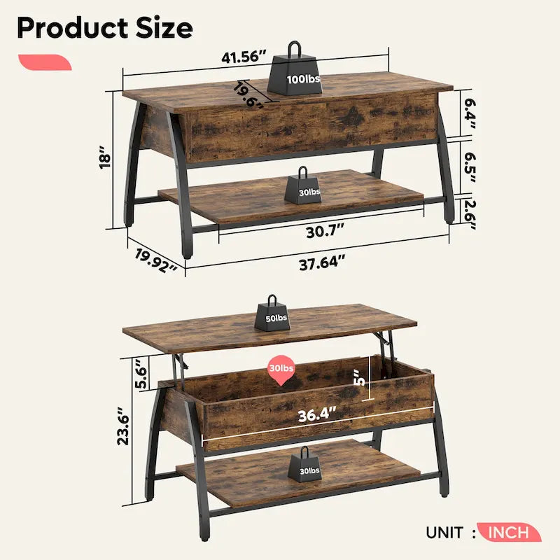 Table basse relevable ovale en chêne gris rétro / marron rustique