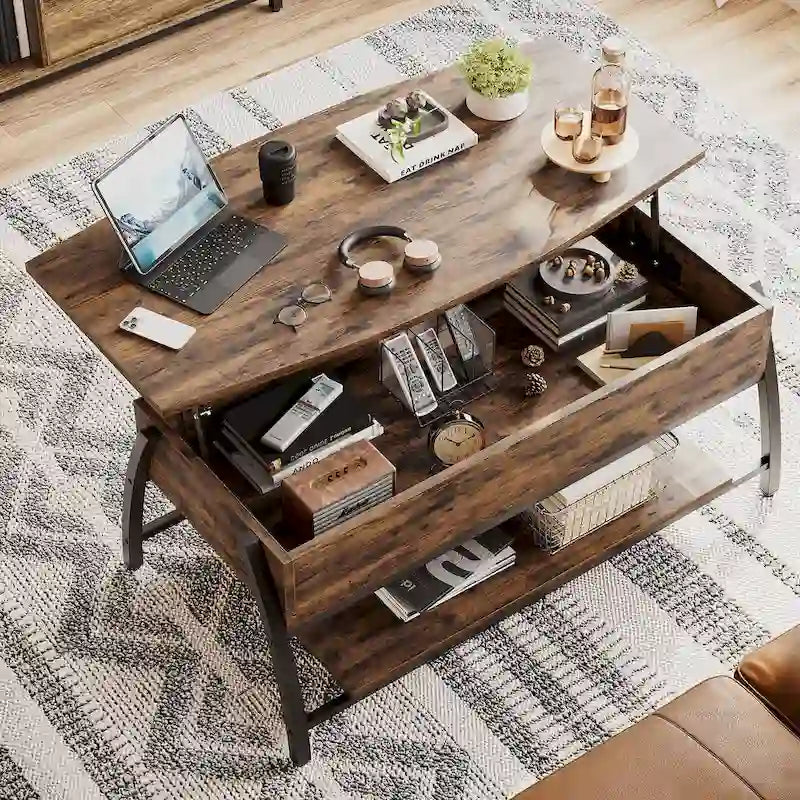 Table basse relevable ovale en chêne gris rétro / marron rustique
