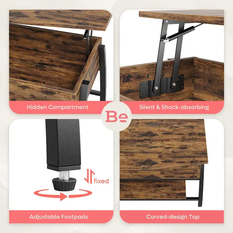 Table basse relevable ovale en chêne gris rétro / marron rustique