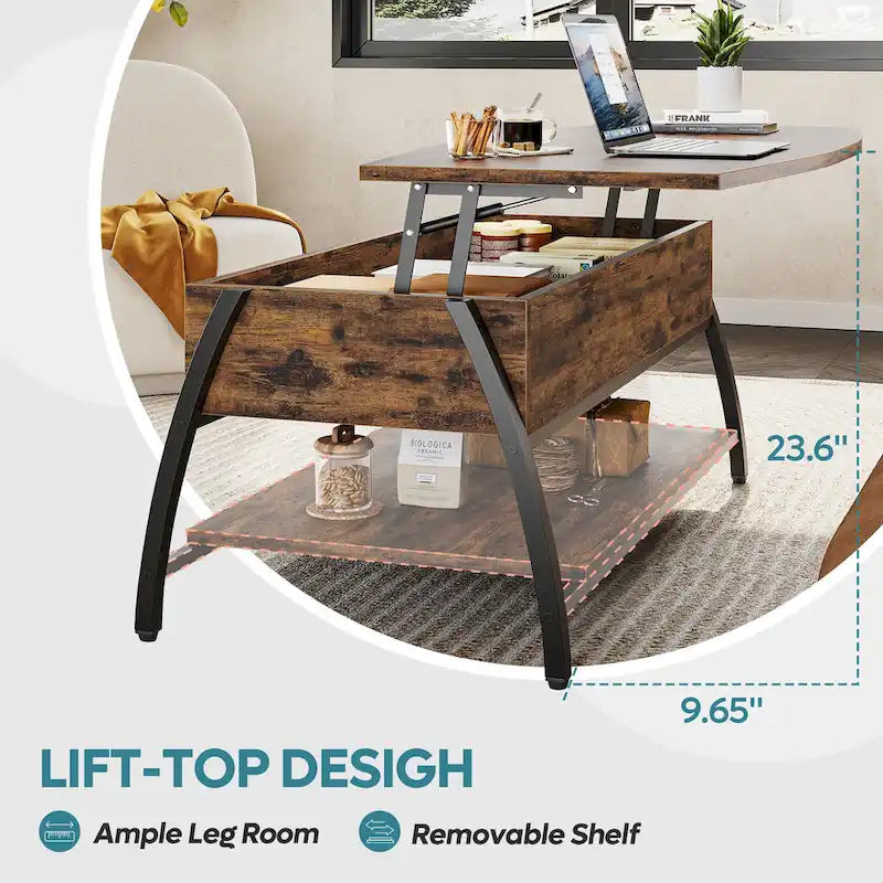 Table basse relevable ovale en chêne gris rétro / marron rustique