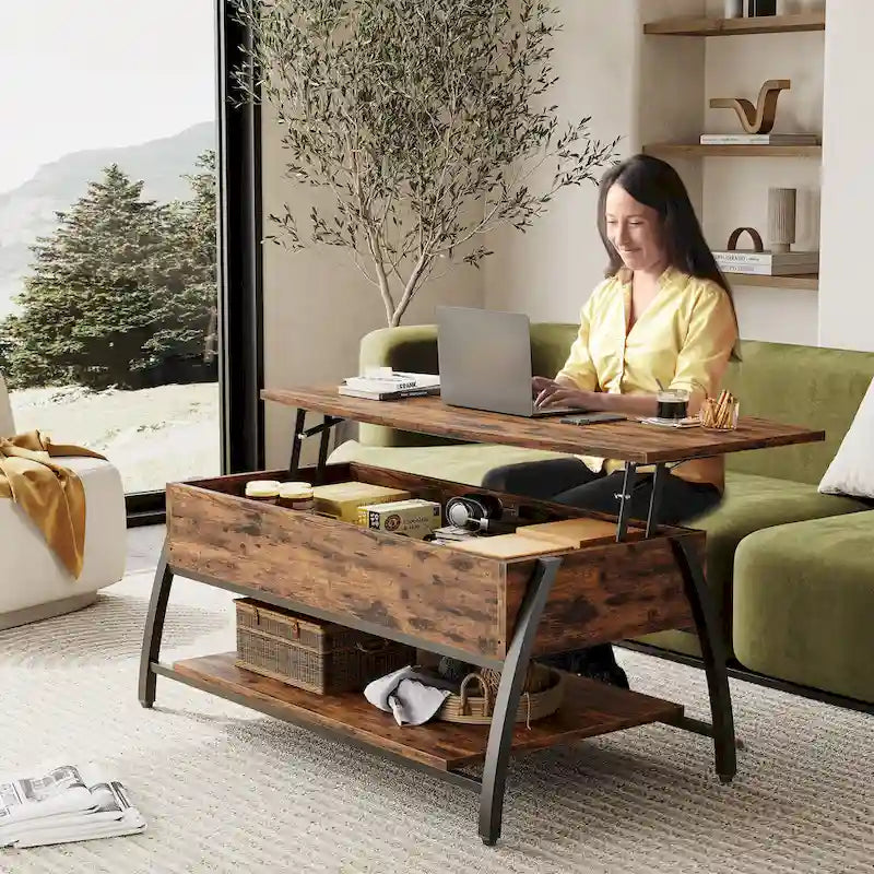 Table basse relevable ovale en chêne gris rétro / marron rustique