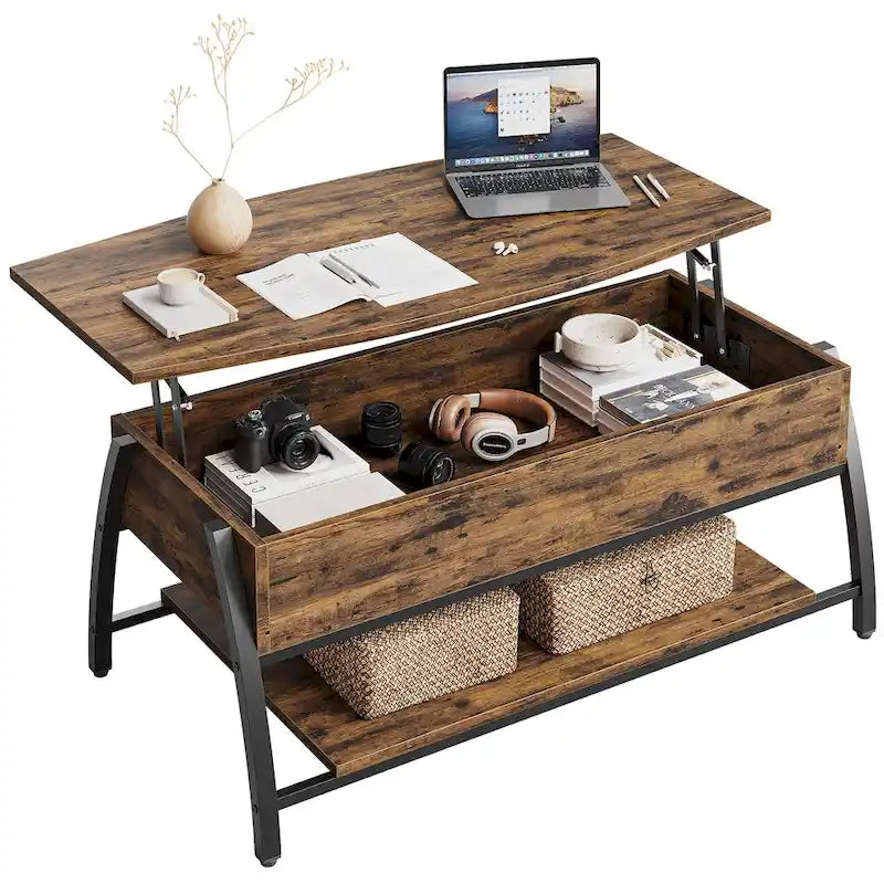 Table basse relevable ovale en chêne gris rétro / marron rustique