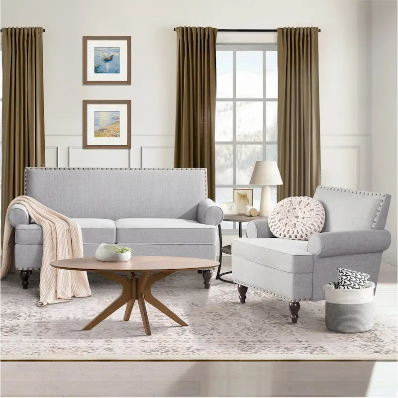 Causeuse et fauteuil d'appoint en lin Rivet beige/gris/brun, 2 places + 1 place