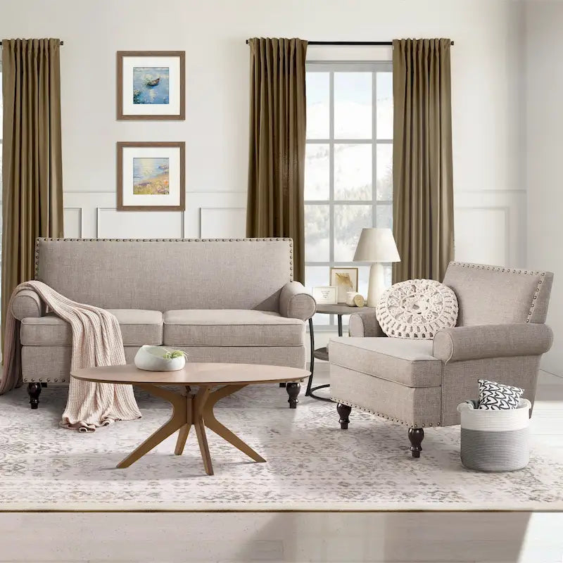 Causeuse et fauteuil d'appoint en lin Rivet beige/gris/brun, 2 places + 1 place