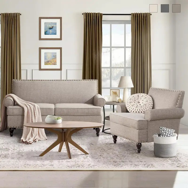 Causeuse et fauteuil d'appoint en lin Rivet beige/gris/brun, 2 places + 1 place