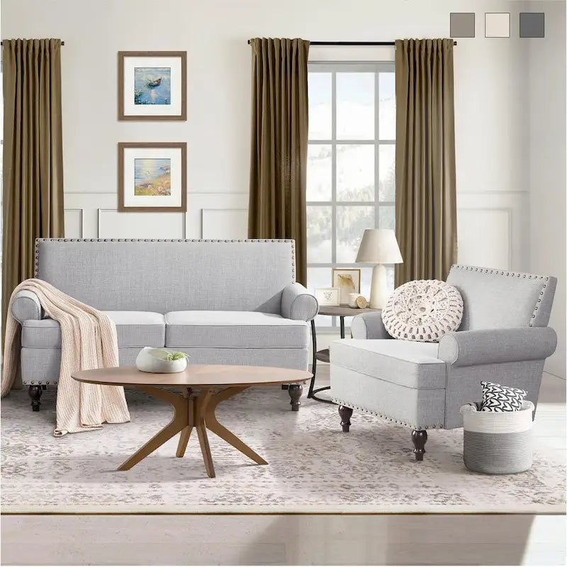 Causeuse et fauteuil d'appoint en lin Rivet beige/gris/brun, 2 places + 1 place