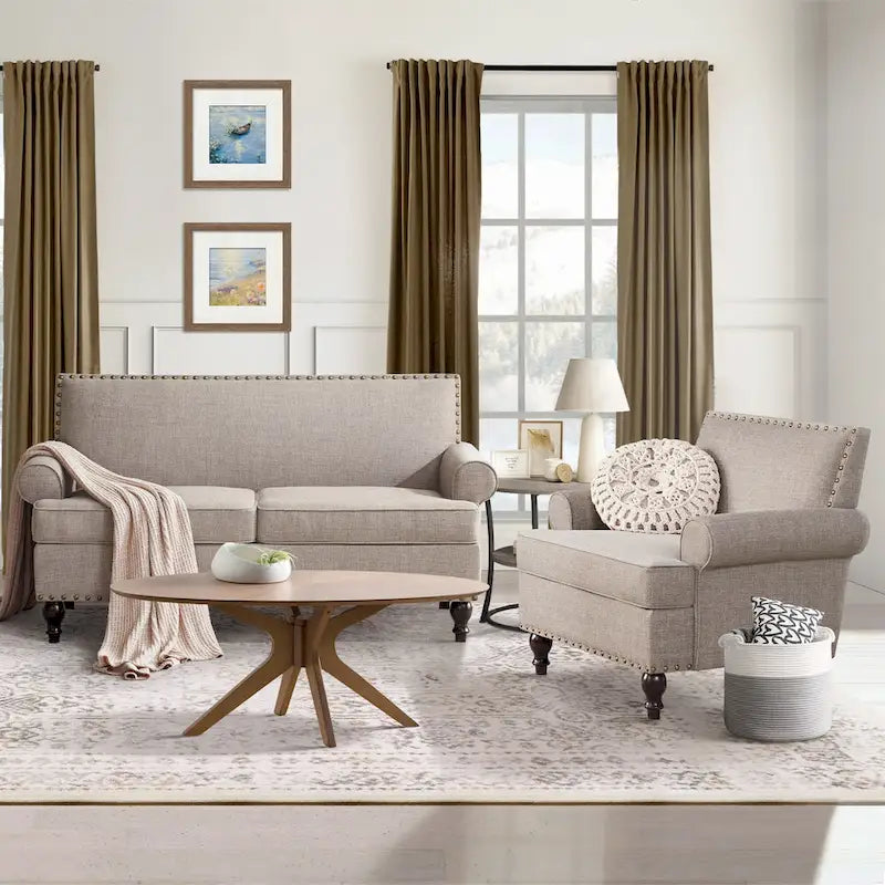 Causeuse et fauteuil d'appoint en lin Rivet beige/gris/brun, 2 places + 1 place