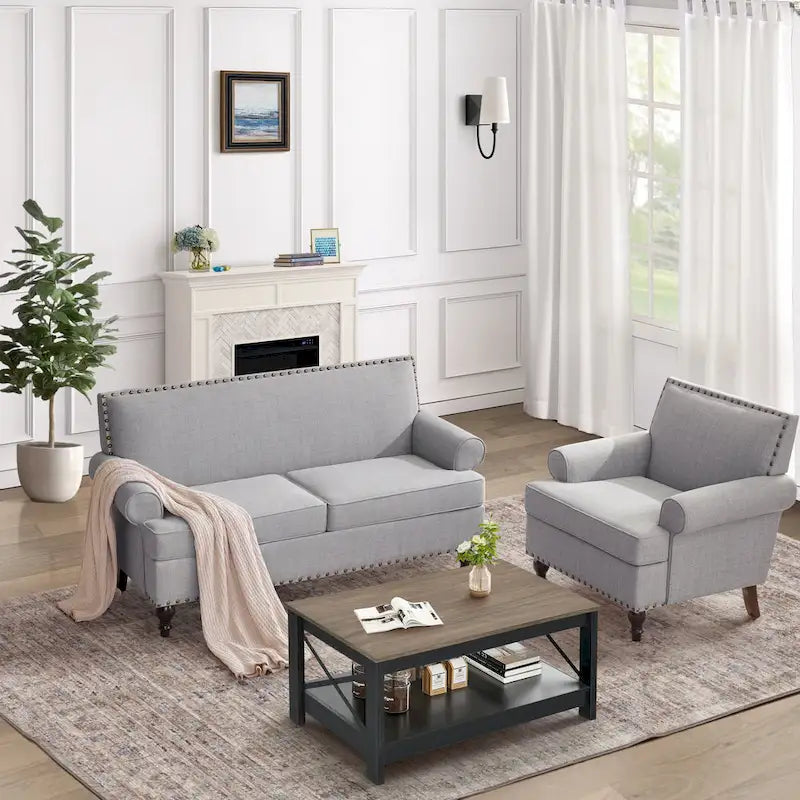 Causeuse et fauteuil d'appoint en lin Rivet beige/gris/brun, 2 places + 1 place